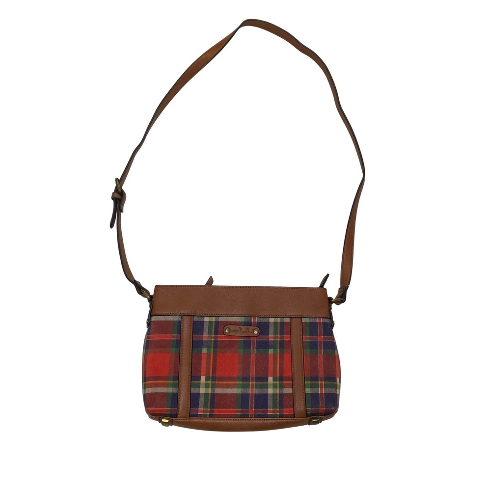 Simply Noelle Red Green Plaid Crossbody Bag Brown Faux Leather Trim Adjustable